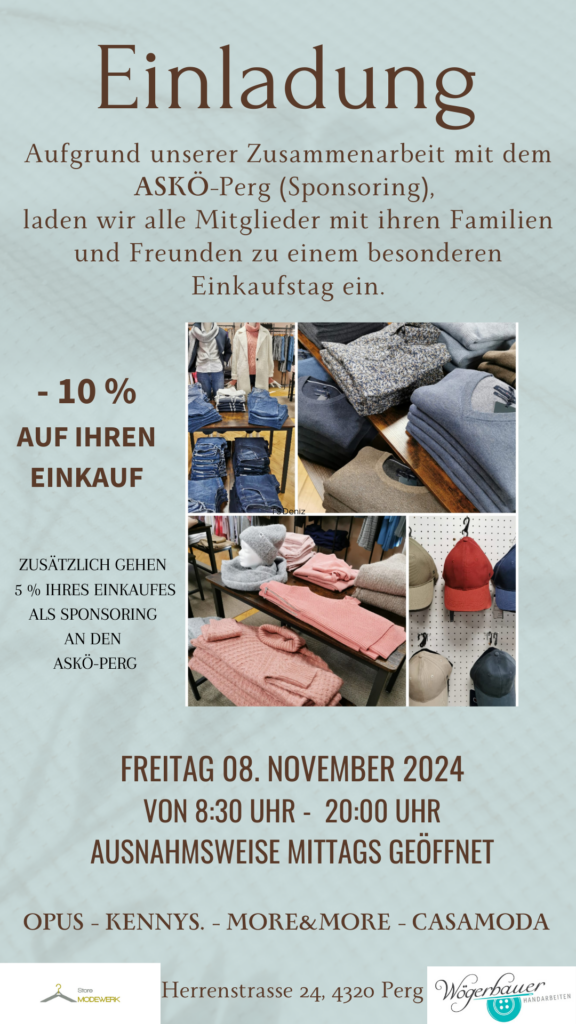 Exklusiver Einkaufstag für ASKÖ-Perg Mitglieder am 08.11. im neuen Store MODEWERK in Perg